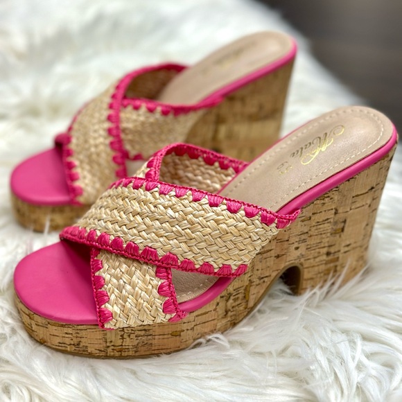 Shoes - Pink Woven Cork Wedge